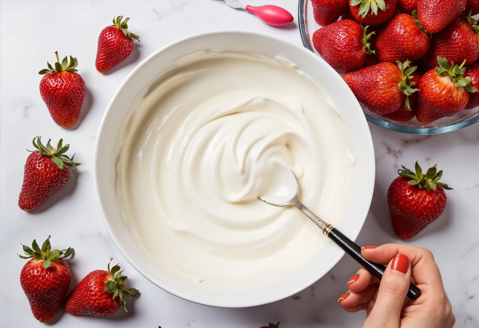 zdjęcie serka mascarpone bez laktozy w białej misce z ręką trzymającą w nim łyżkę w towarzystwie truskawek ułożonych na stole