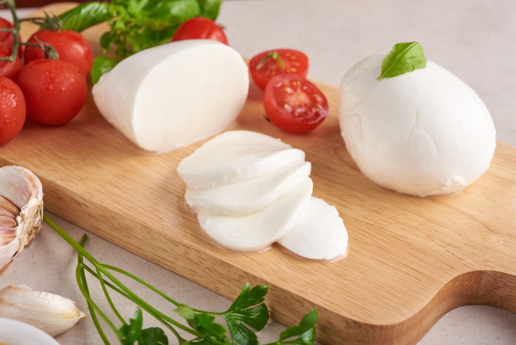 Świeża mozzarella w całości i w plastrach na drewnianej desce, obok pomidorków koktajlowych, czosnku i ziół