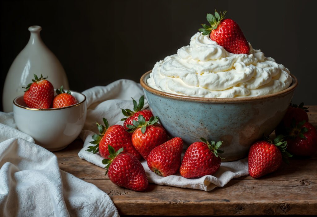 zdjęcie ubitej śmietany bez laktozy w glinianej misce, z dekoracją z truskawki, ustawionej obok mniejszej miski z truskawkami na stole, na którym leżą truskawki