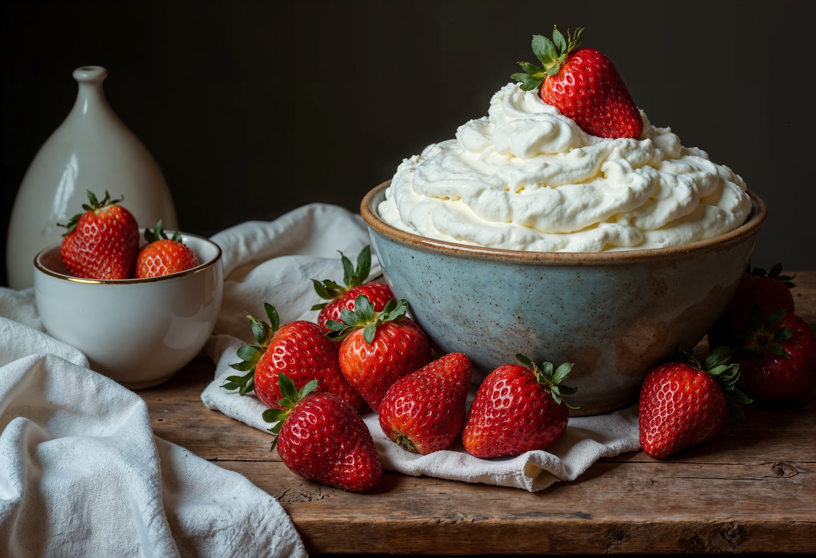zdjęcie ubitej śmietany bez laktozy w glinianej misce, z dekoracją z truskawki, ustawionej obok mniejszej miski z truskawkami na stole, na którym leżą truskawki